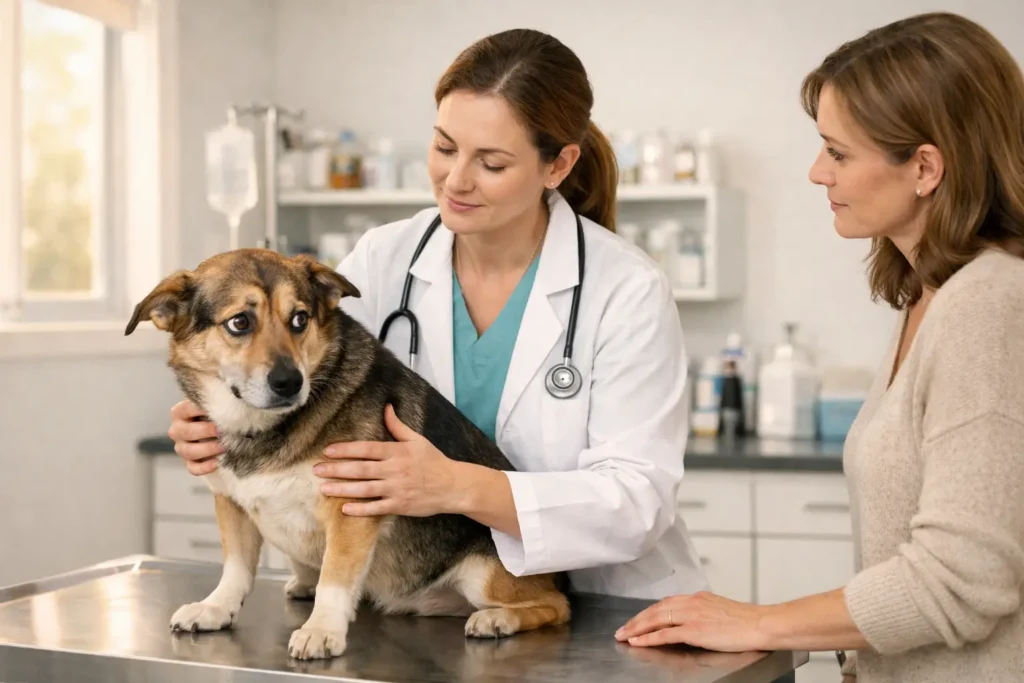 Anxious-dog-in-the-with-vet-and-owner