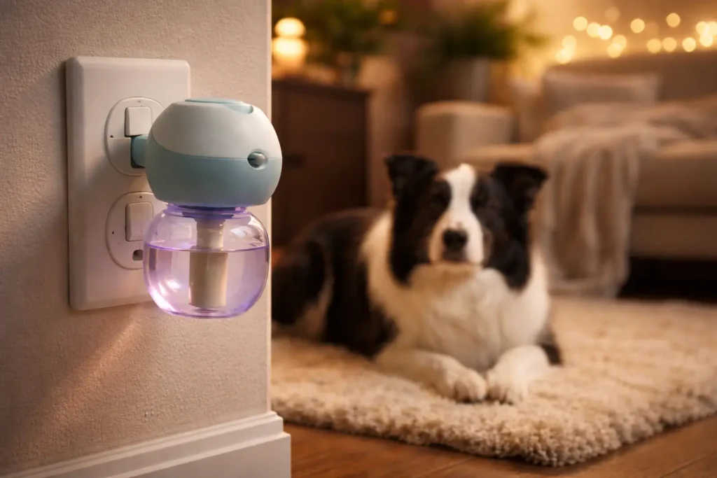 Pheromone diffusers with dog sitting beside it