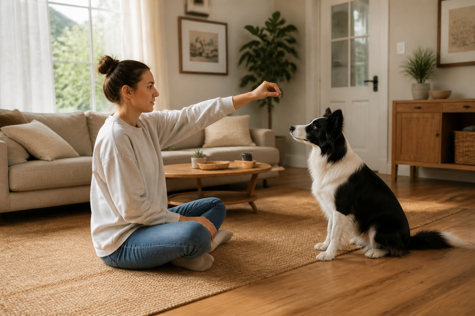 () editorial photograph showing a calm dog owner sitting cross-legged on a living room floor with a border collie,