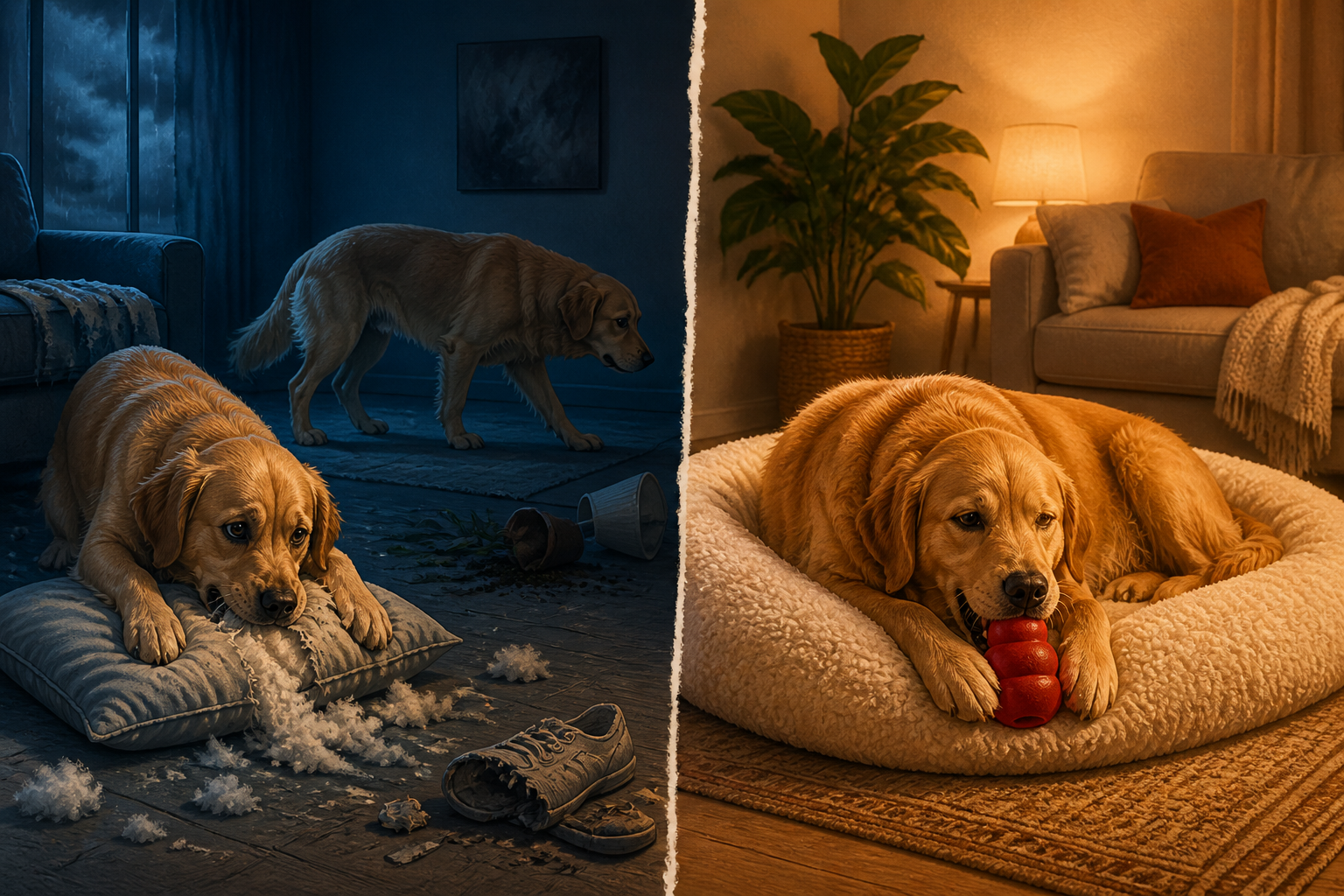 () editorial split-scene illustration showing a dog's anxious behavior on the left side with destructive chewing and pacing