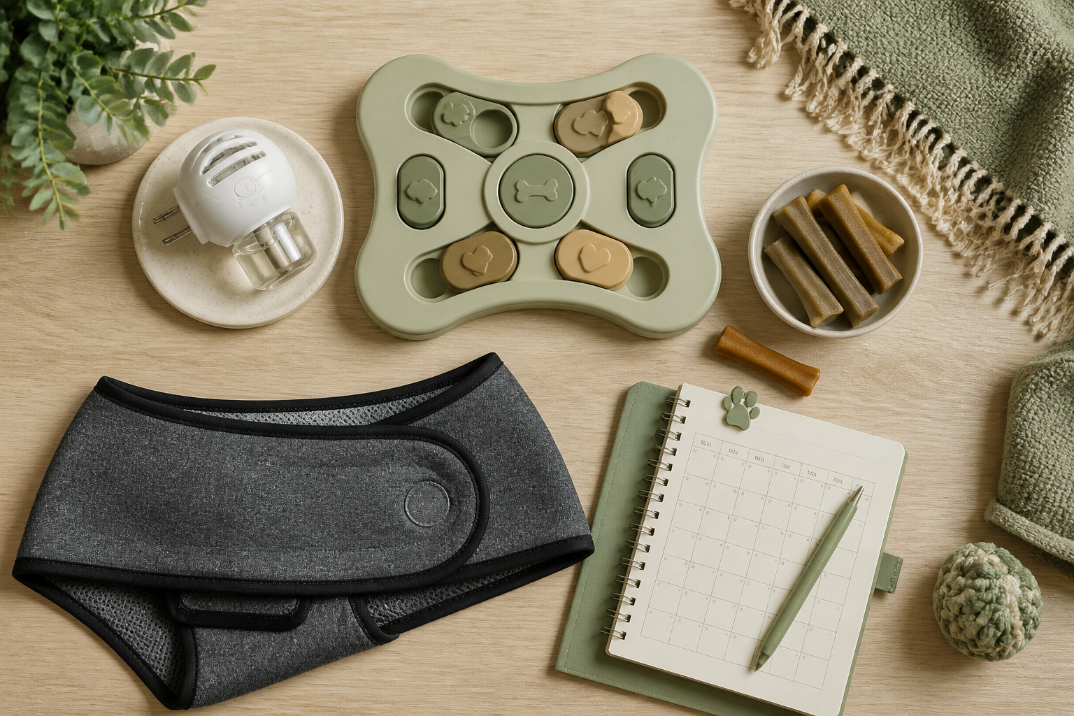 () overhead flat-lay editorial photograph of dog calming tools arranged on a light wood surface including a pheromone