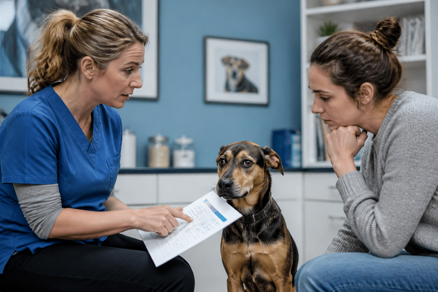 () editorial close-up photograph of a veterinary behaviorist in a clinical consultation room showing a chart to a concerned